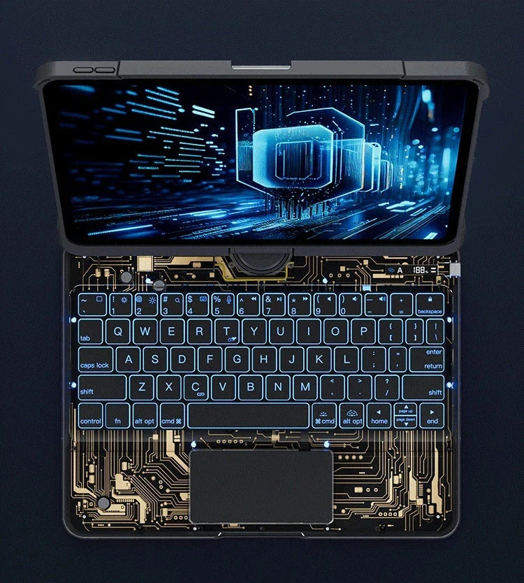 Versatile iPad keyboard case with 360-degree swivel rotation, scissor-style keys, and integrated pen slot for enhanced mobile productivity