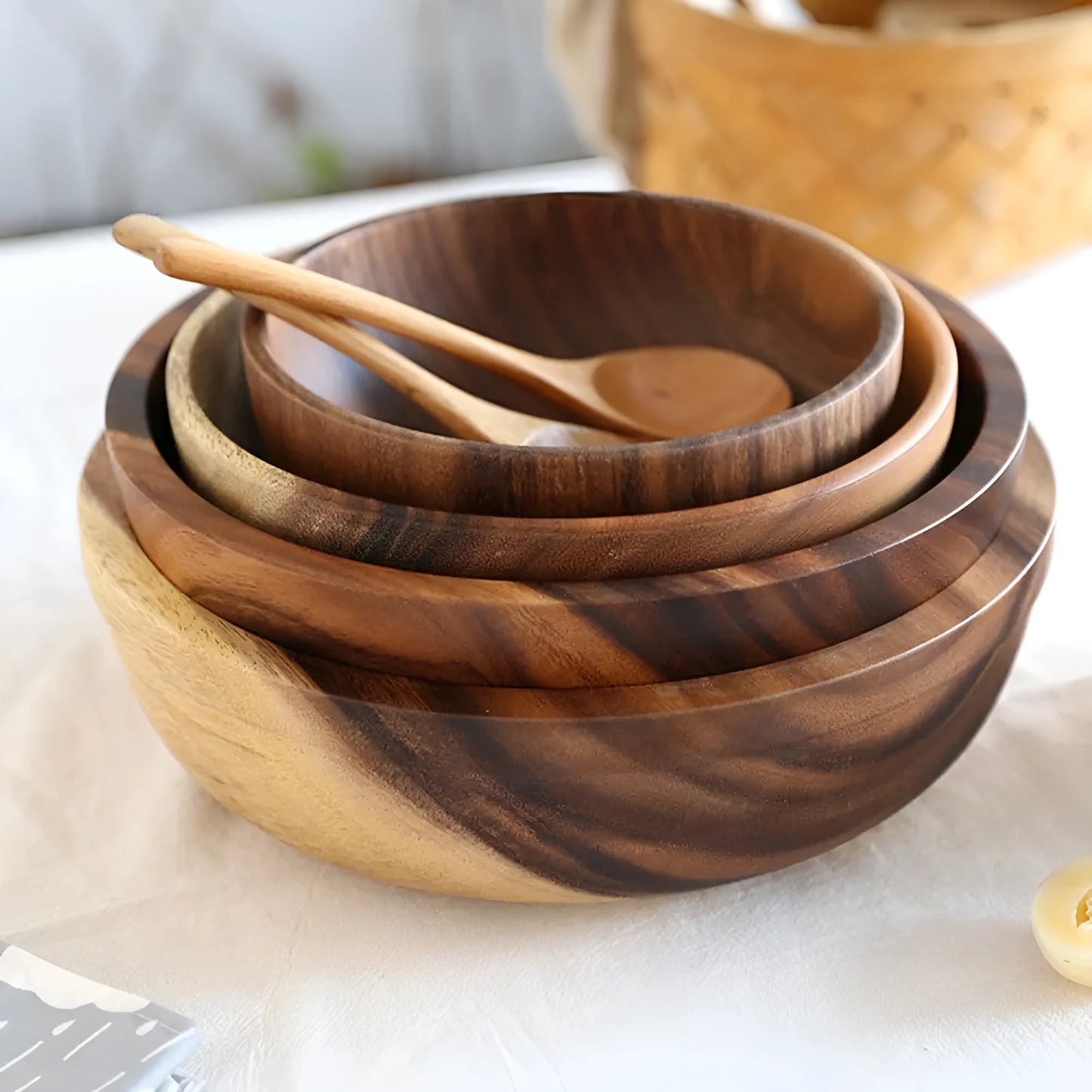 Set of five brown wooden bowls in different sizes on a wooden table, showing natural grain.