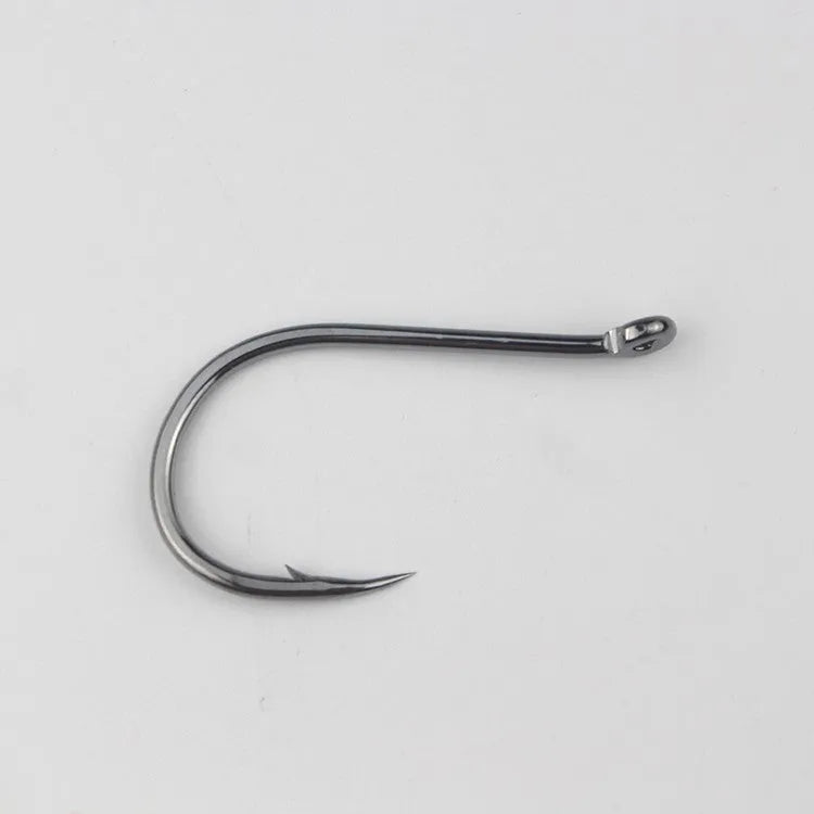 Bulk pack of barbed fishing hooks in various sizes on a blue background, showing crooked mouth and hole ring design.