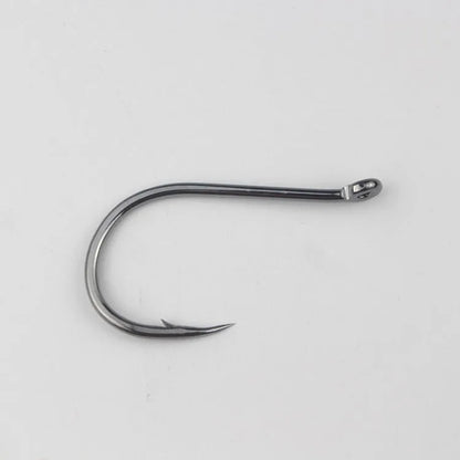 Bulk pack of barbed fishing hooks in various sizes on a blue background, showing crooked mouth and hole ring design.