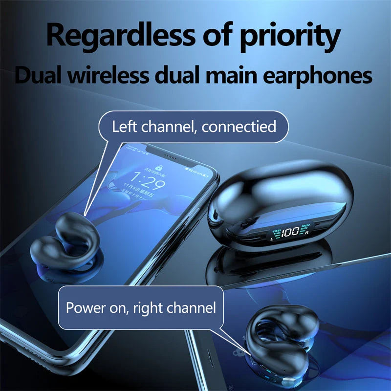 Bone conduction Bluetooth earphones with powerful bass, comfortable ear clip design, and long-lasting battery life