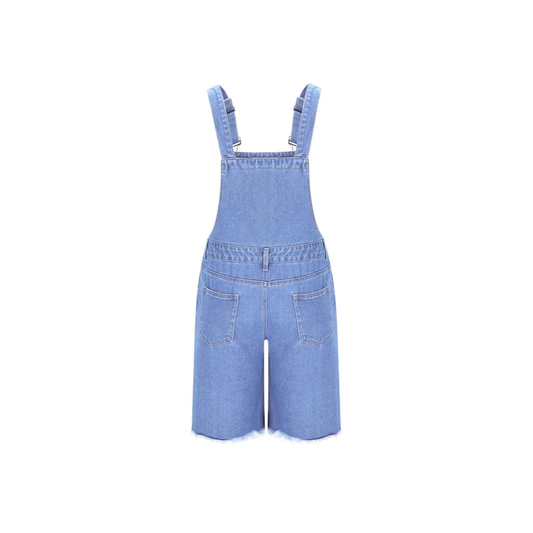 Men's ripped denim suspender shorts in straight-leg style with adjustable straps