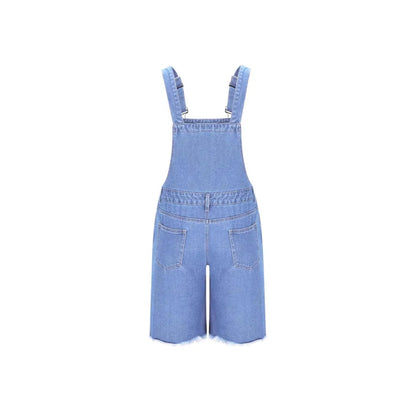 Men's ripped denim suspender shorts in straight-leg style with adjustable straps