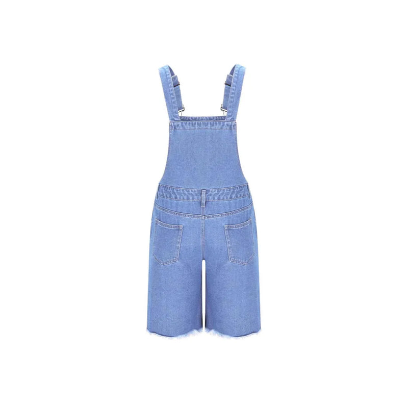 Ripped men's denim suspender shorts with waist cinch strap for leisure wear in straight-leg style, available in dark blue, light blue and black cotton denim with mid waist fit and sizes S M L XL XXL