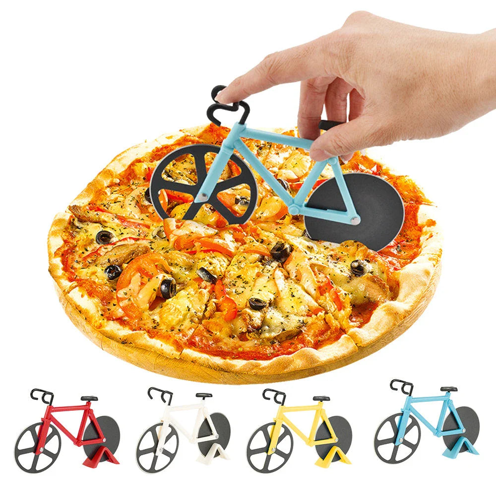 Sleek and modern bicycle-inspired pizza cutter with stainless steel construction and ergonomic handle for easy, one-handed pizza slicing