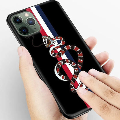 Black frosted silicone iPhone case with cartoon snake design shown on mobile phone