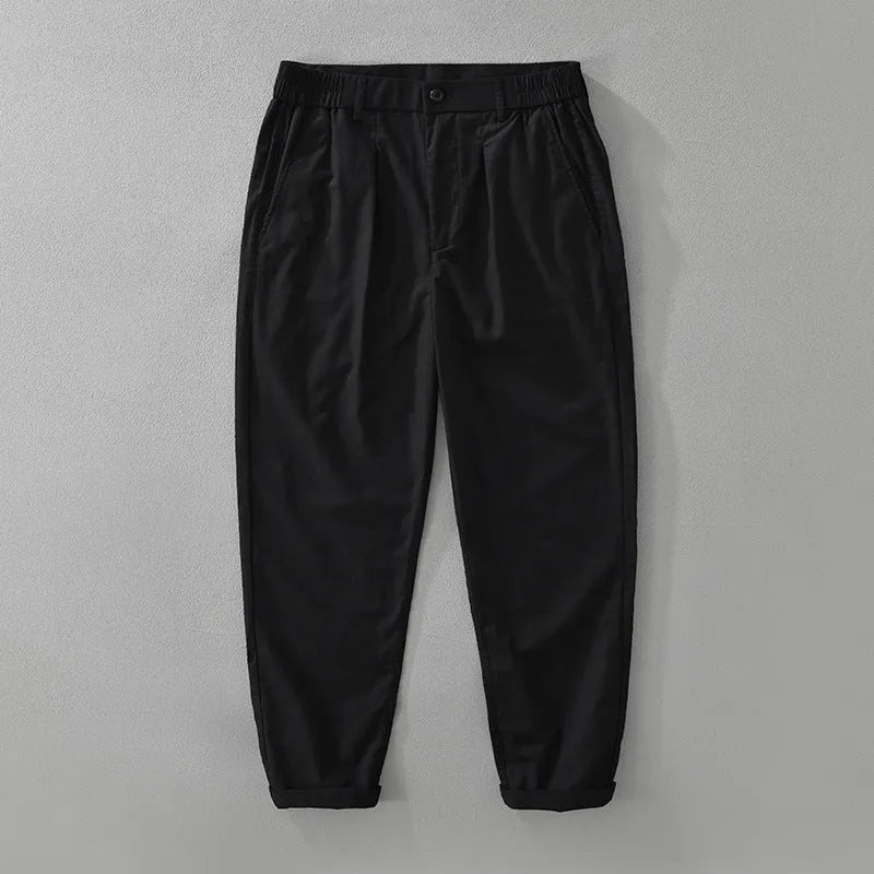 Men's loose-fit straight-leg trousers in a cotton linen blend, shown in a raw jute colour.