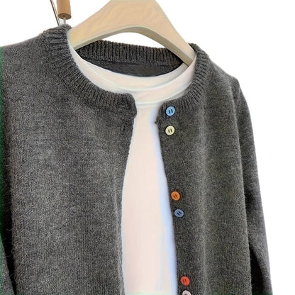 Dark grey women's polyester cardigan with button front and long sleeves