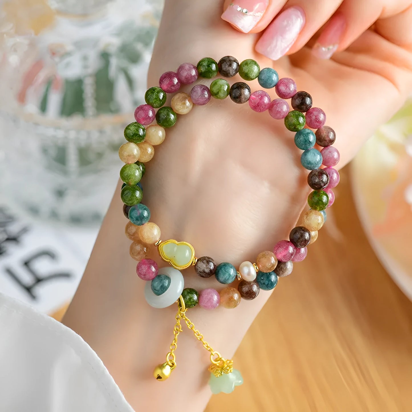 Natural chalcedony double circle bracelet with geometric design and 6-6.5mm beads