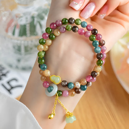 Natural chalcedony double circle bracelet with geometric design and 6-6.5mm beads