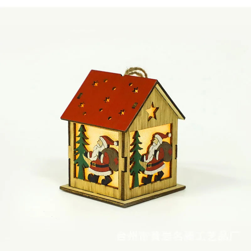 Wooden festive pendant with LED illumination in snowman, Santa Claus, or elk design measuring 7cm by 7cm by 9cm