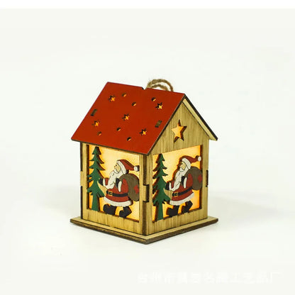 Wooden festive pendant with LED illumination in snowman, Santa Claus, or elk design measuring 7cm by 7cm by 9cm