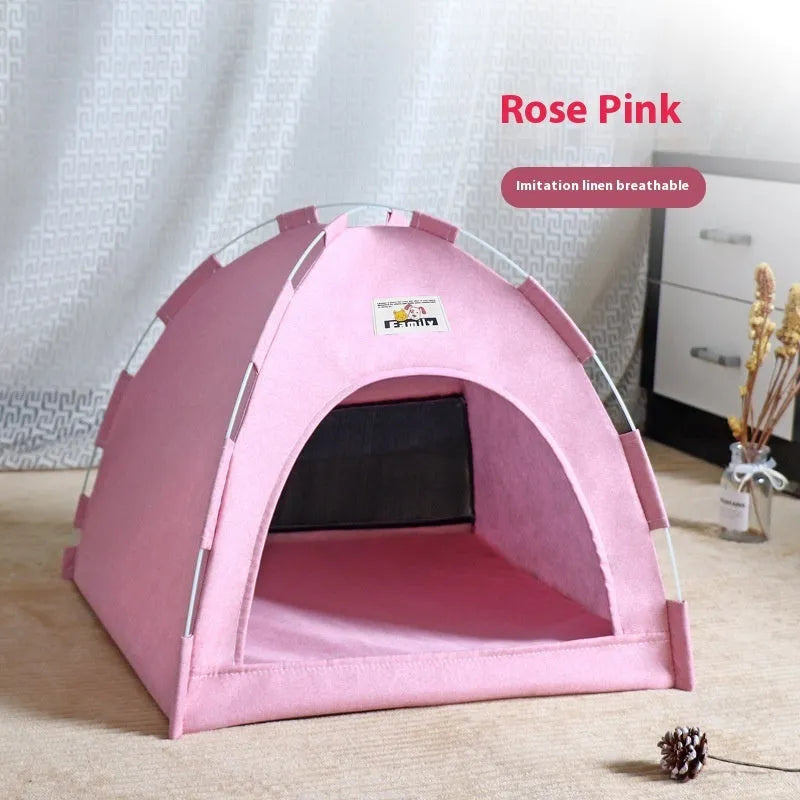 Grey linen-like fabric tent pet bed for cats and small dogs, showing enclosed design with removable cover.
