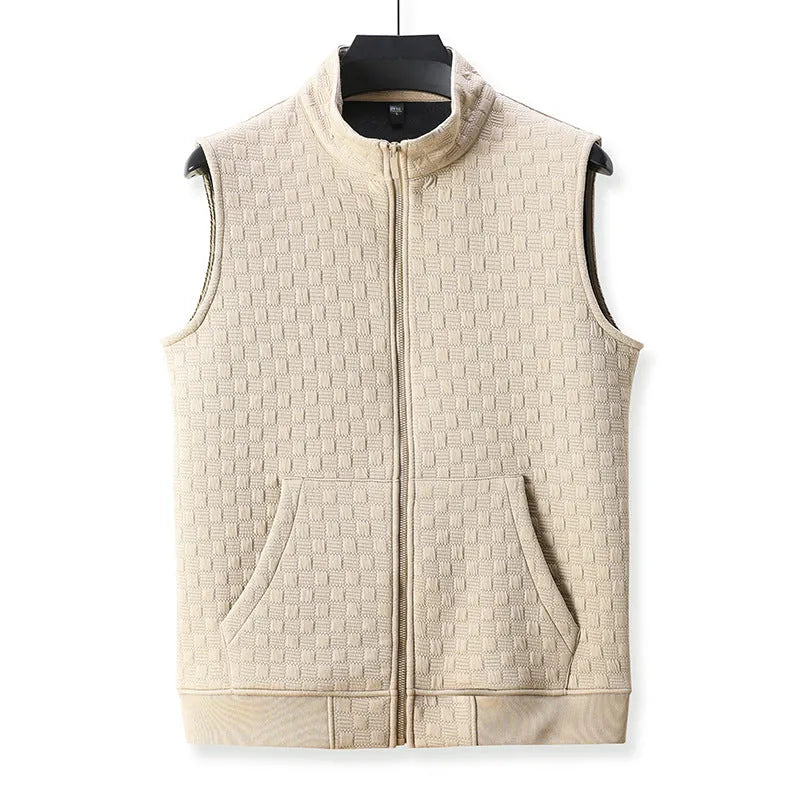 Casual sleeveless top waistcoat bottoming vest in chemical fibre blend polyester fabric with Asian sizing for middle-aged daily wear, available in black, brown, khaki, and grey colours in sizes from 165 to 190 cm length.