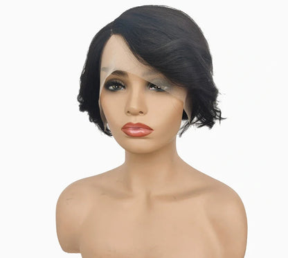 Short real human hair lace wig with oblique bangs and natural hairline appearance