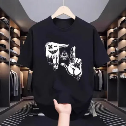 Men's mesh T-shirt with cartoon pattern in bird eye cloth polyester, showing round neck and short sleeve design