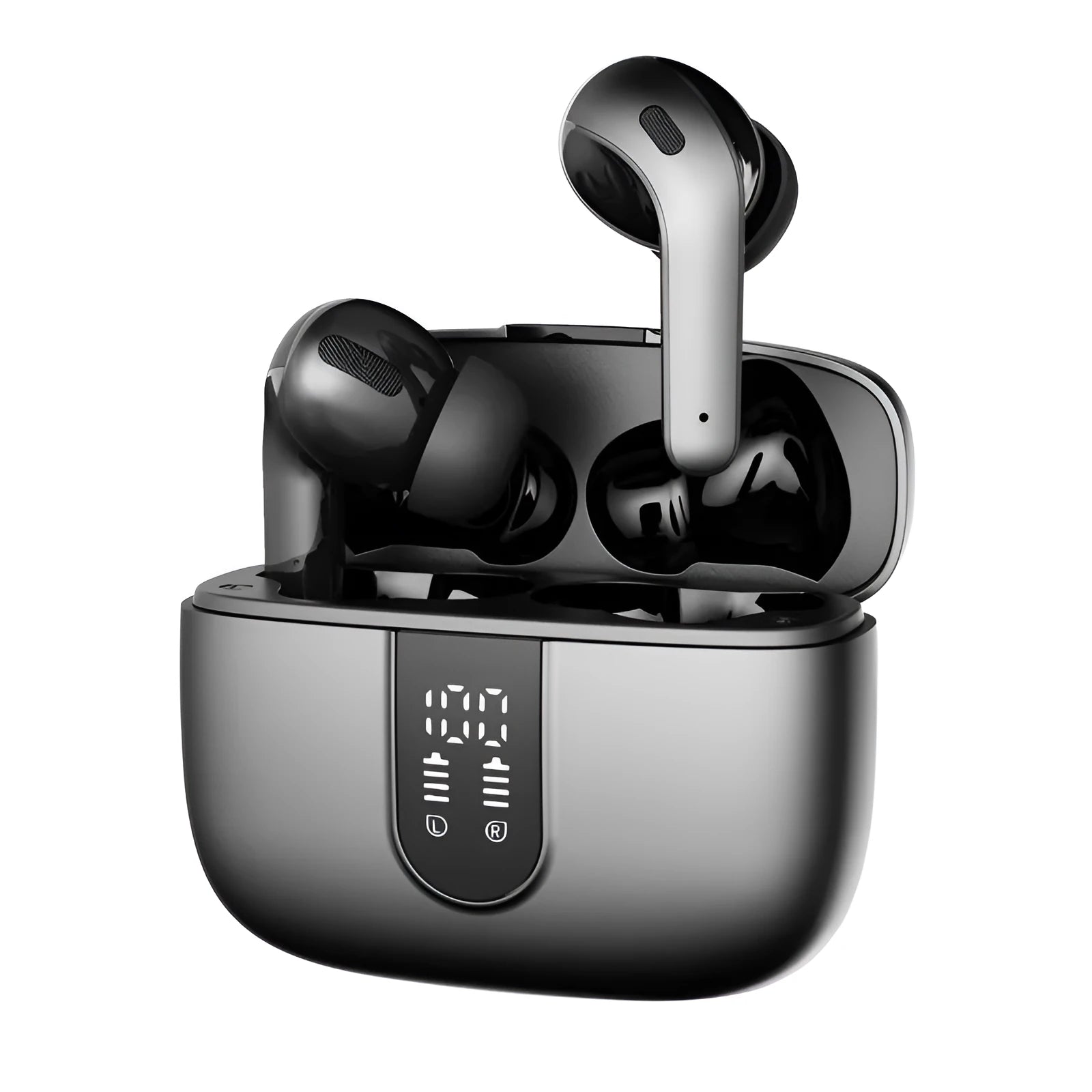 Jerry X08 wireless Bluetooth earbuds in charging case with digital battery percentage display.