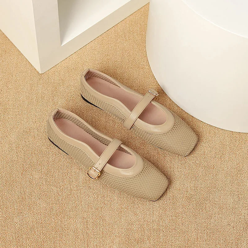 Women's beige mesh hollow out pumps with buckle fastening and square toe on a flat sole.