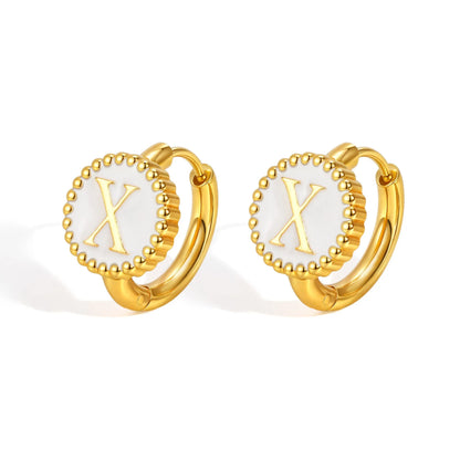 Round gold-tone letter earrings for women in stainless steel with electroplated finish, available in letters A to Z