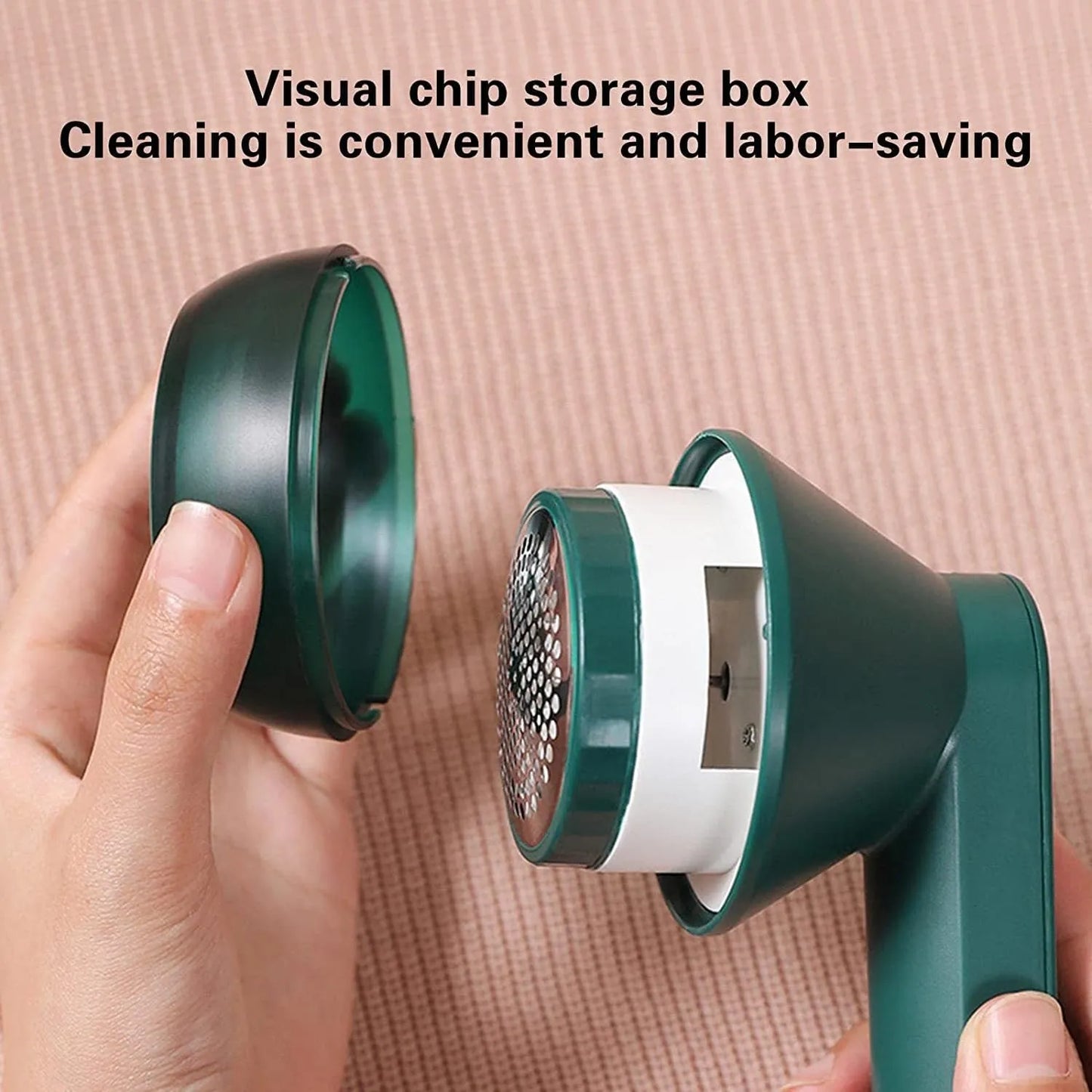 White or green USB rechargeable electric lint remover with removable lint collector and stainless steel blade
