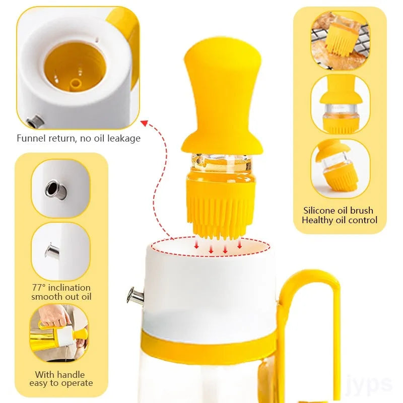 Yellow 2-in-1 oil dispenser with silicone brush, 550ml glass bottle with stainless steel nozzle
