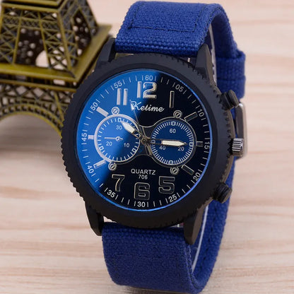 Men's fashion wristwatch with cloth band, 48mm dial, and zinc alloy case