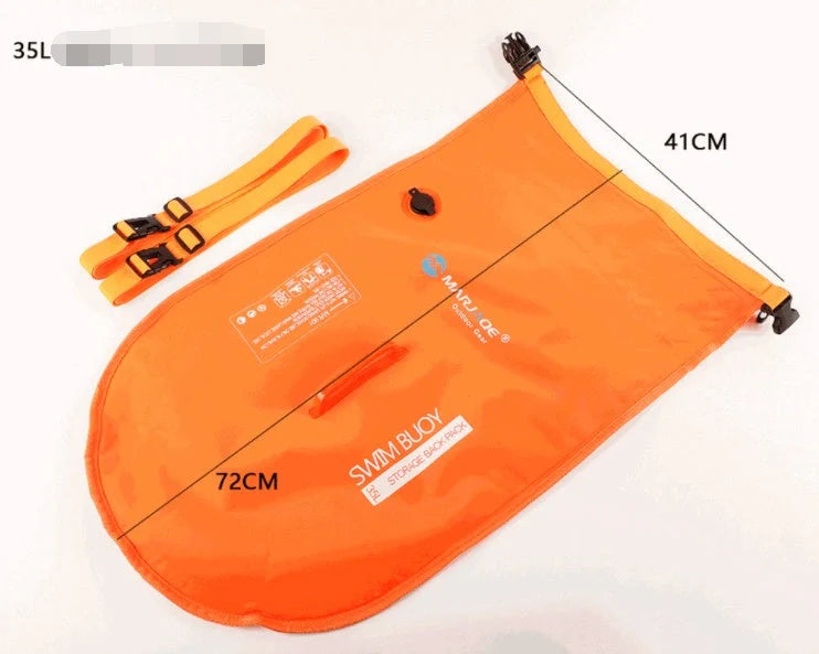 Double airbag swimming buoy backpack in fluorescent orange, showcasing its dual airbags and waterproof storage compartment.