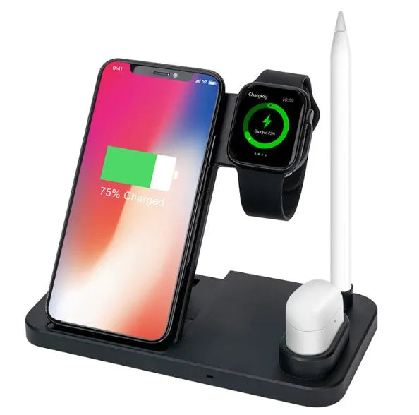 4-in-1 wireless charging station with adjustable magnetic stand charging phone, watch, earbuds, and stylus on a desk