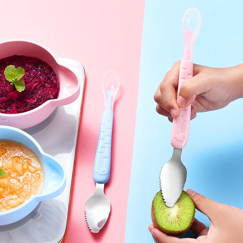 Stainless steel dual-headed baby food spoon in various colours for easy feeding