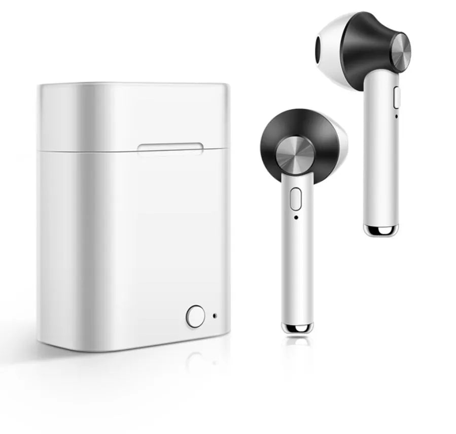 Black wireless sports Bluetooth earbuds showing battery display and placed next to a smartphone.