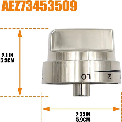 Silver metal oven control knob with 5.3cm diameter scale.