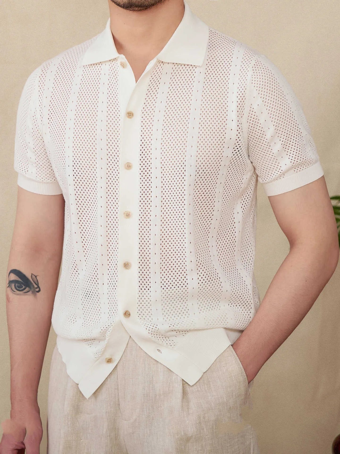 Men's short sleeve lapel cardigan in striped knit cotton fabric showing creamy-white, black and brown colour options