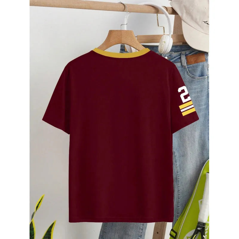 Red loose fit cotton t-shirt with white printed letters and short sleeves.