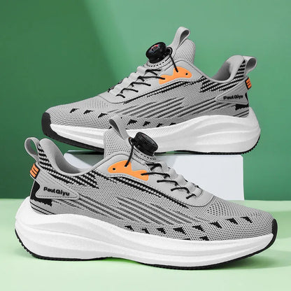 Men's white-green and grey rotating buckle Fly-kit mesh casual sports running shoes on a flat TPU sole.