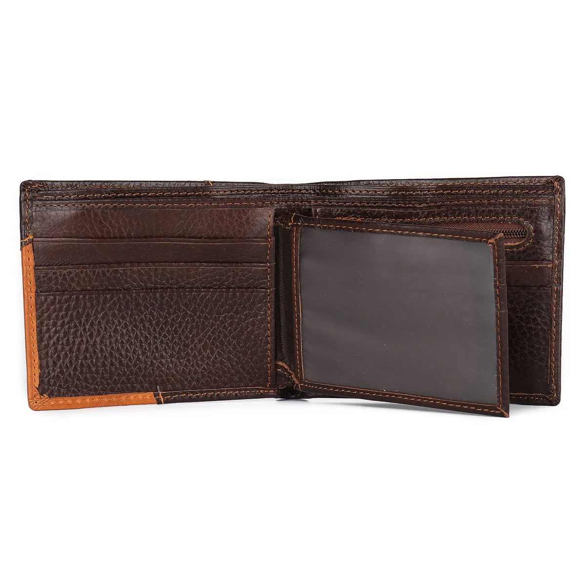 Brown leather wallet with car stitching, open to show bill holder, card slots, and zipper compartment