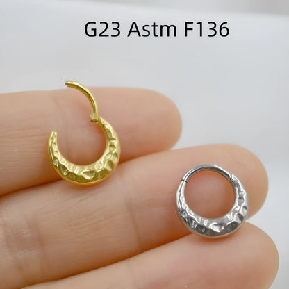 Titanium alloy concave-convex nose ring in gold or silver colour with carved design texture
