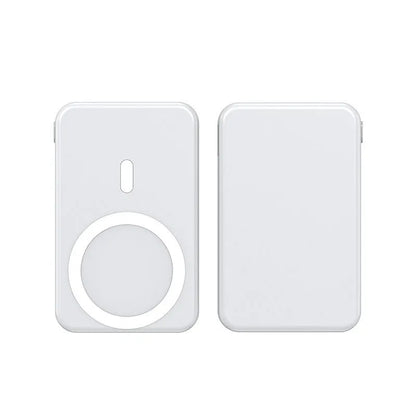 Ultra-thin black magnetic wireless power bank with 10000mAh capacity next to an iPhone.