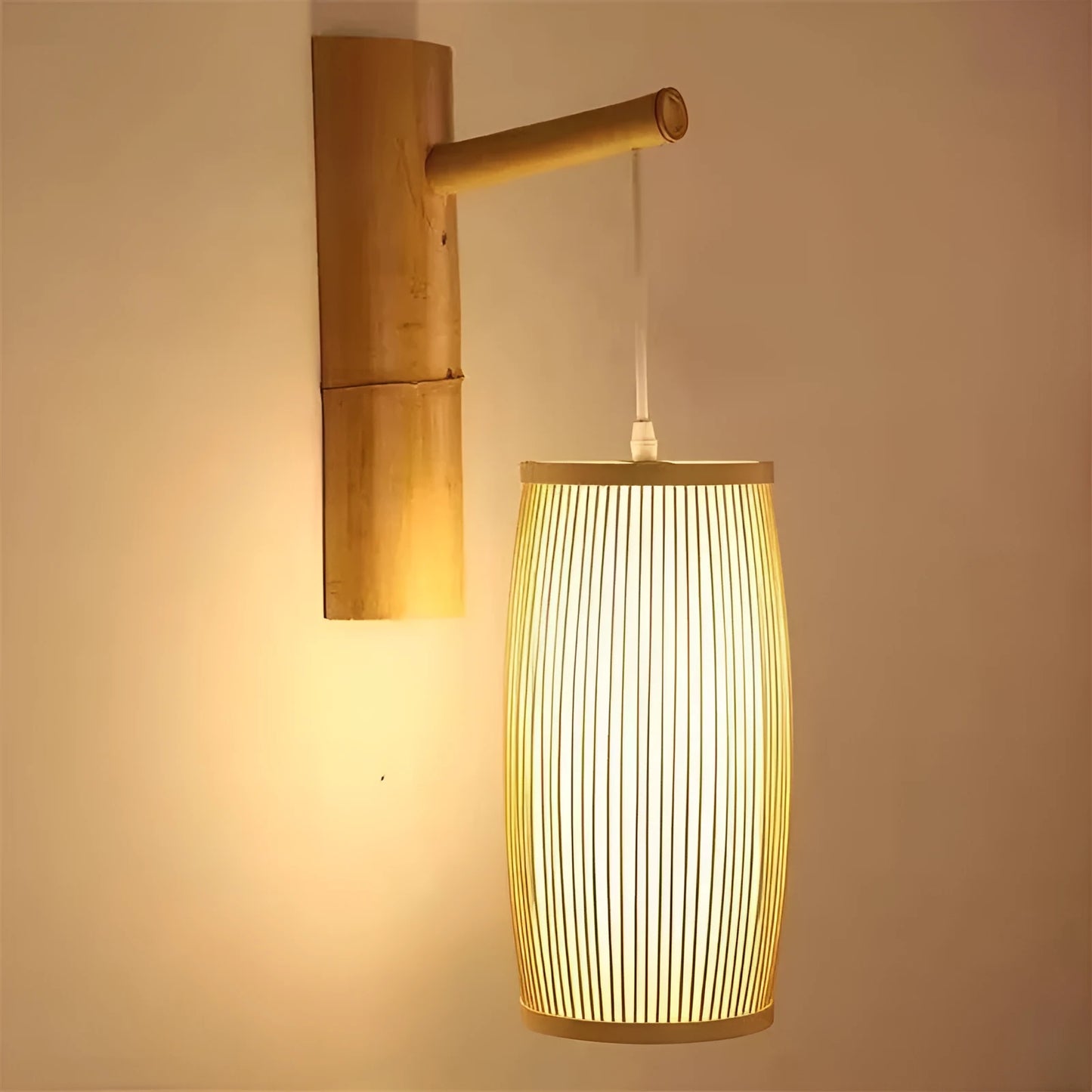 Hand-woven bamboo lamp shade with E27 holder, 35cm tall, for wall mounting.