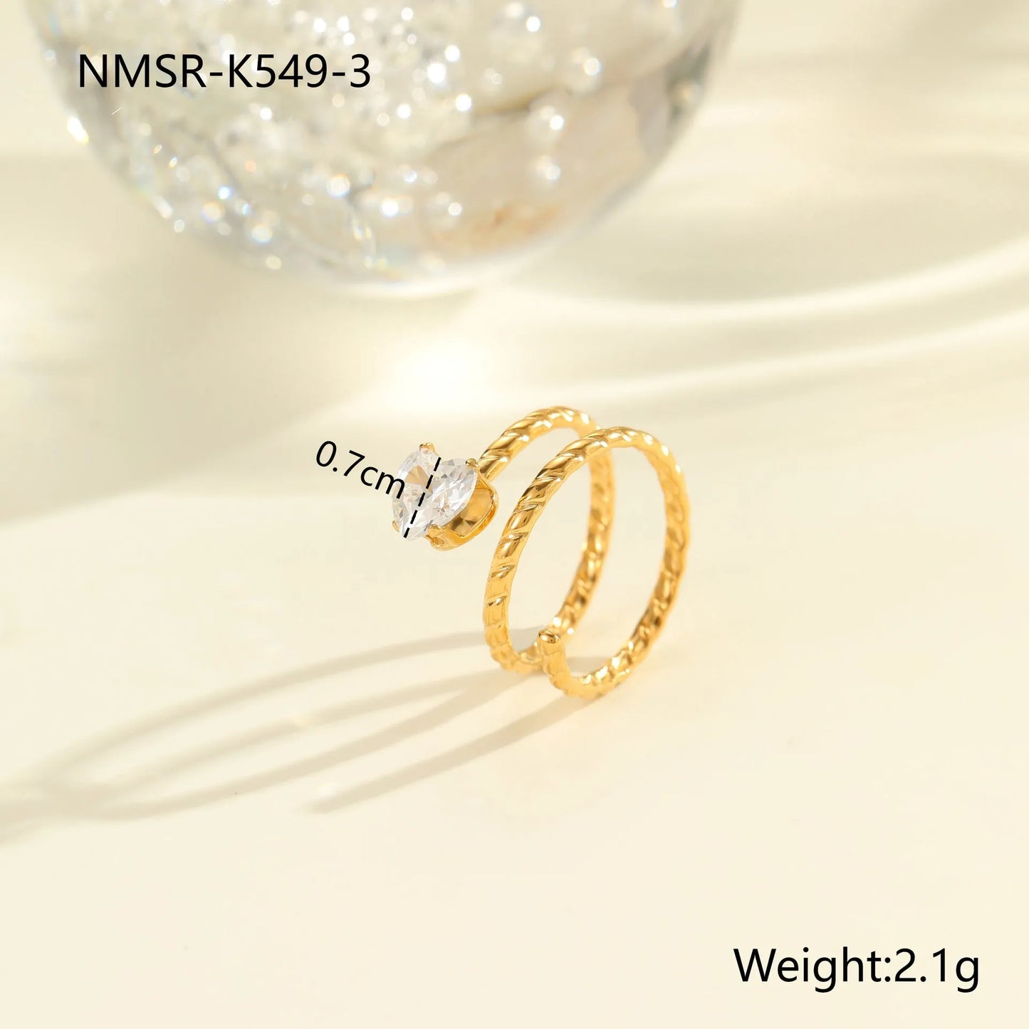 Gold electroplated stainless steel ring with heart shape design and open mouth fitting