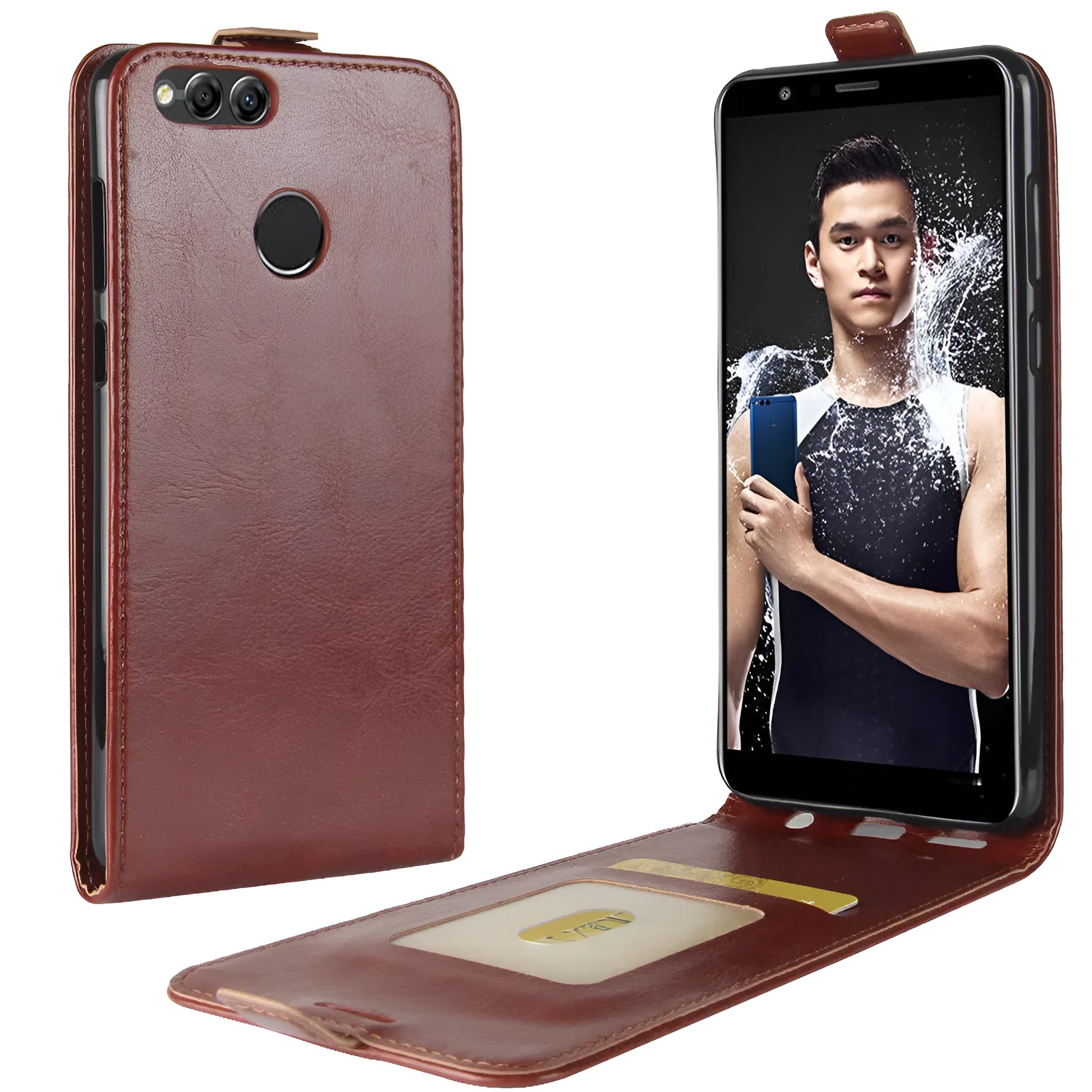 Honor 7X leather wallet phone case in crazy horse pattern with card slots