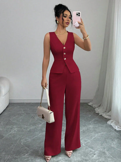 Women's sleeveless vest and high-waisted trousers two-piece set in solid colour casual design
