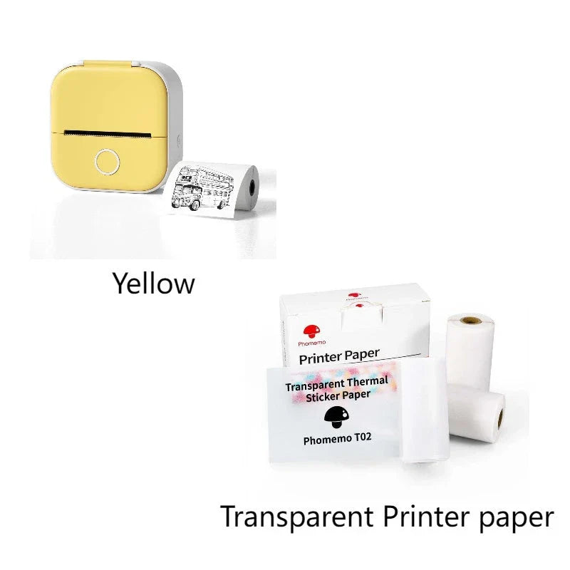Compact Bluetooth-enabled thermal label printer in white, pink, and green colors with various label options