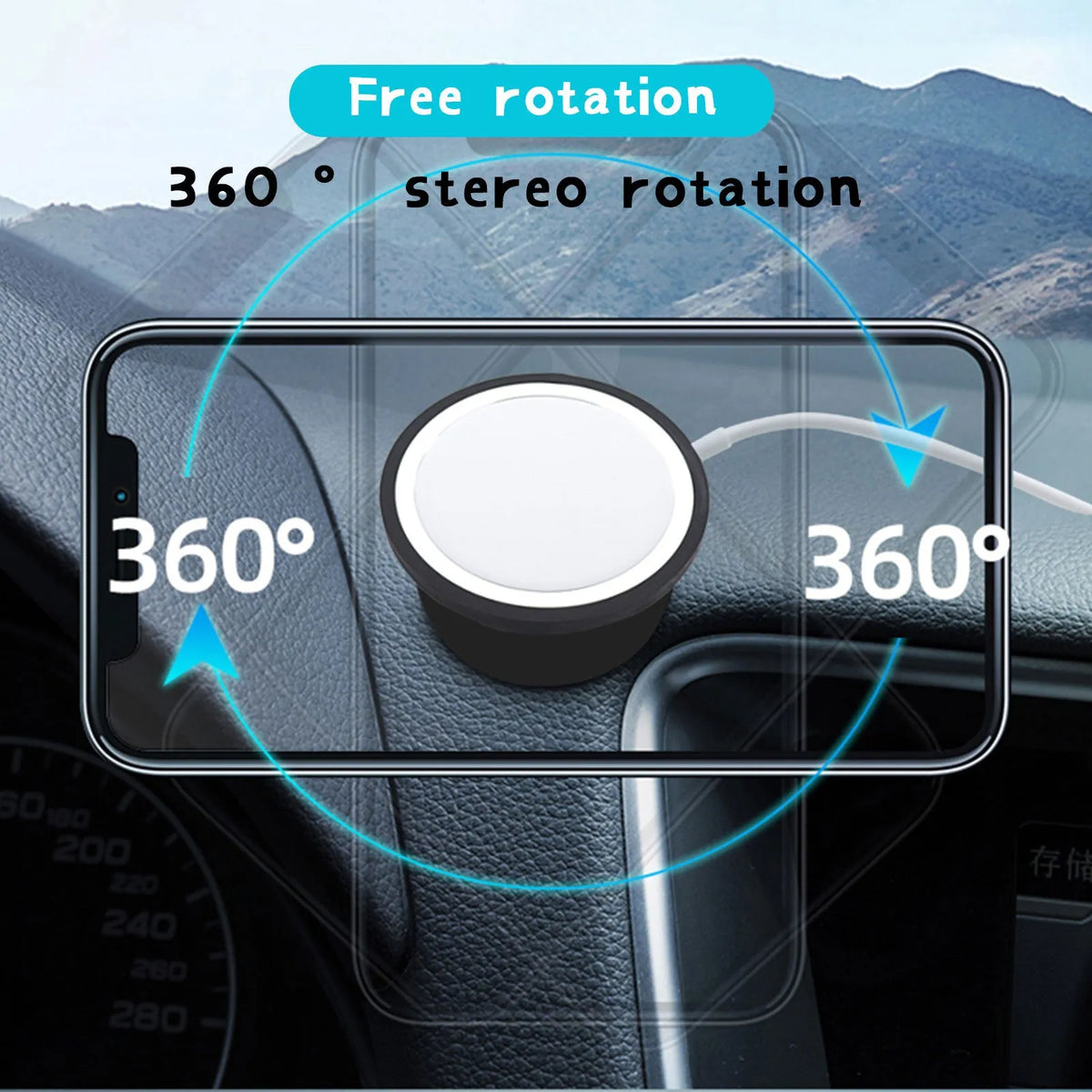 Black plastic car magnetic mobile phone holder showing air vent and base bracket mounting options