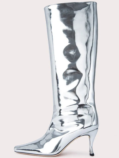 A pair of women's black square-toe cowboy boots made from microfiber leather.
