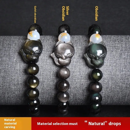 Natural obsidian stone bracelet with 10mm beads in gold, silver or black zodiac guardian styles