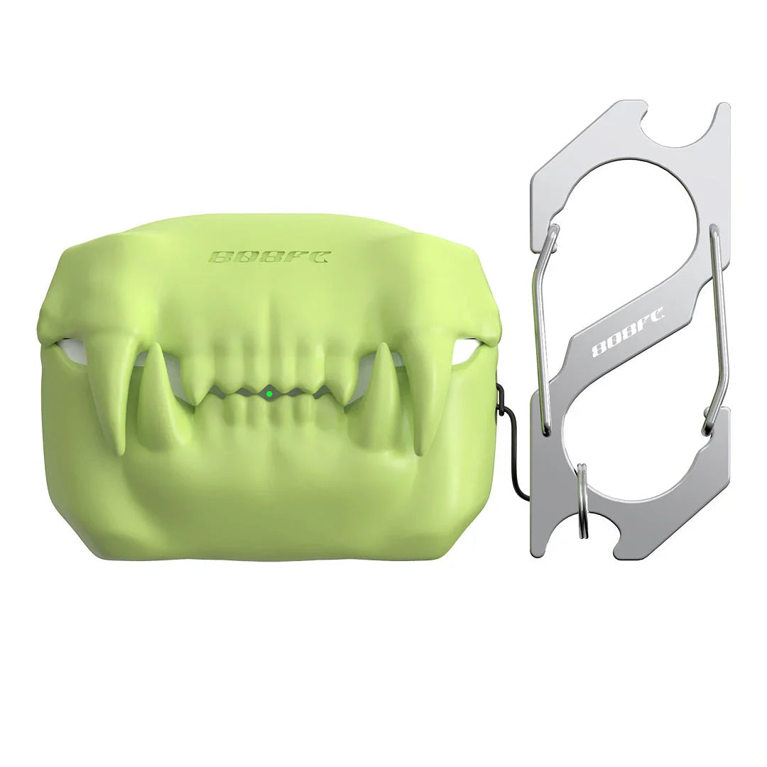 A silicone protective case for AirPods Pro earbuds, featuring a spooky, fluorescent design and a detachable keychain.