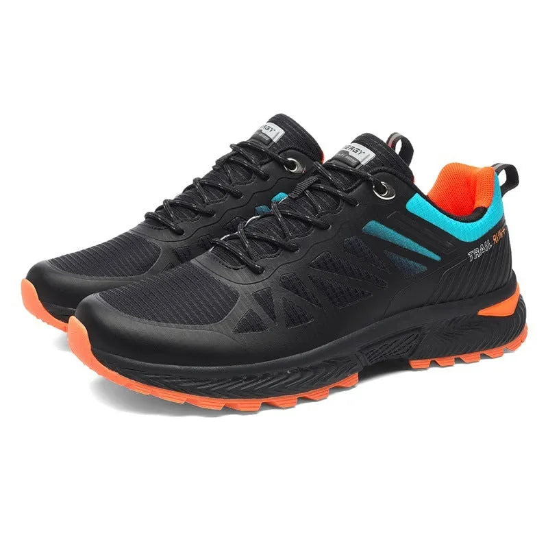 Men's black outdoor running shoes with mesh surface and lace-up closure on neutral background