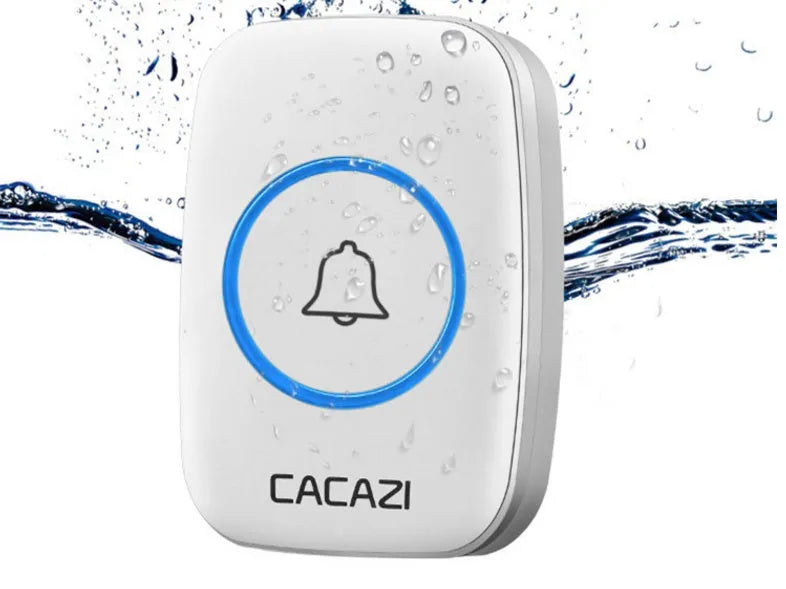 Wireless doorbell button and plug-in chime unit with 300m range, shown in silver finish.