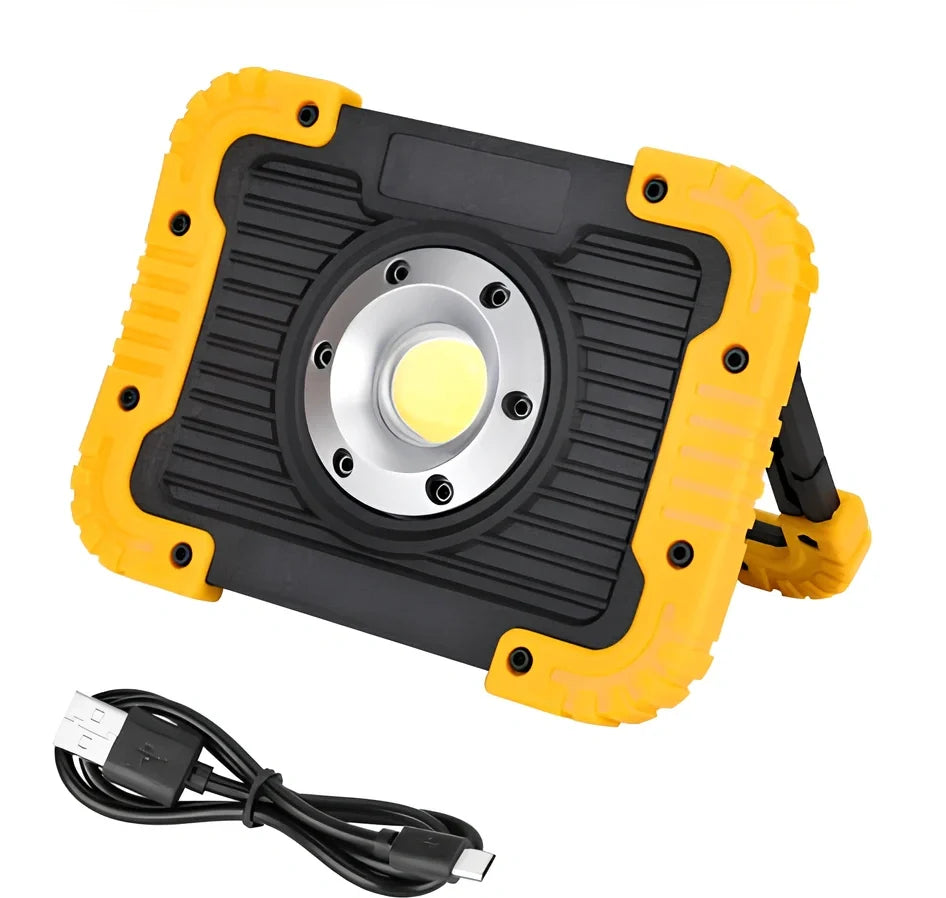 LED camping lantern with rotatable support showing USB ports and battery indicator