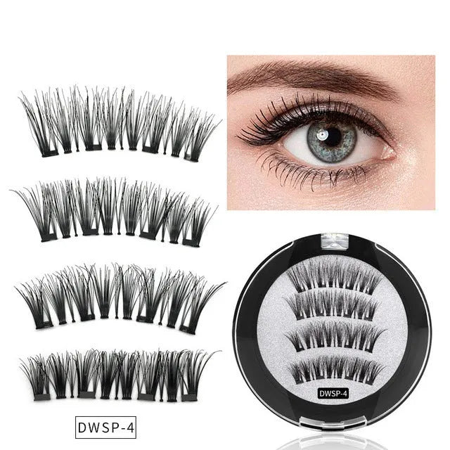 Four magnet false eyelashes in imported fibre with hand made construction and optional eyelash curler